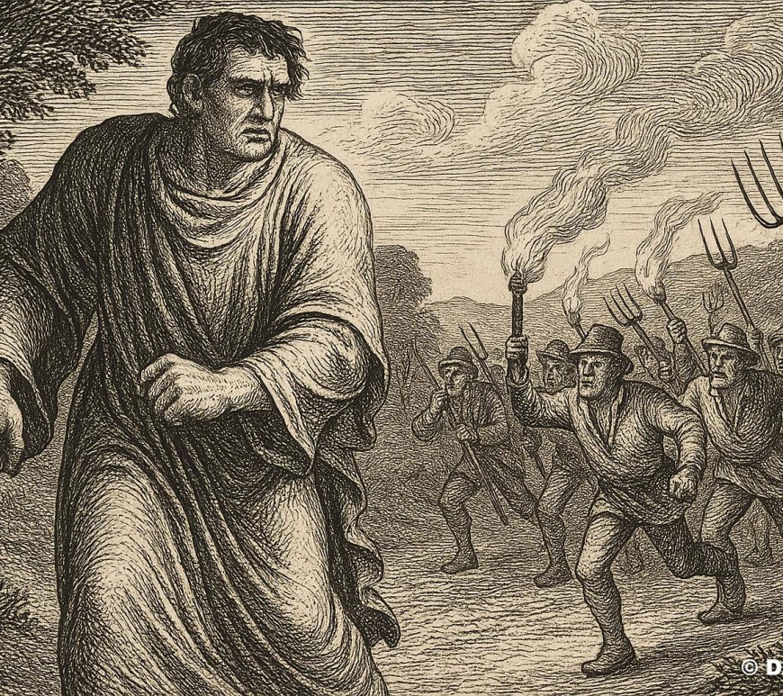 Gravure ancienne en noir et blanc d’un géant vêtu d’une toge, fuyant un groupe de villageois brandissant fourches et torches, symbolisant la peur et les préjugés.