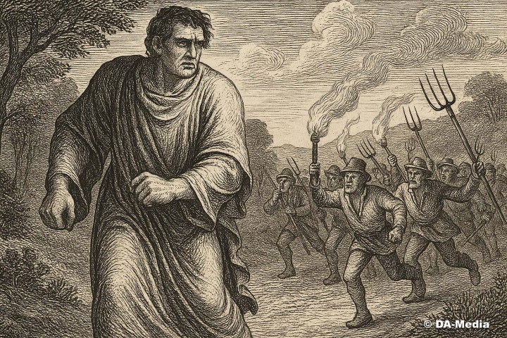 Gravure ancienne en noir et blanc d’un géant vêtu d’une toge, fuyant un groupe de villageois brandissant fourches et torches, symbolisant la peur et les préjugés.